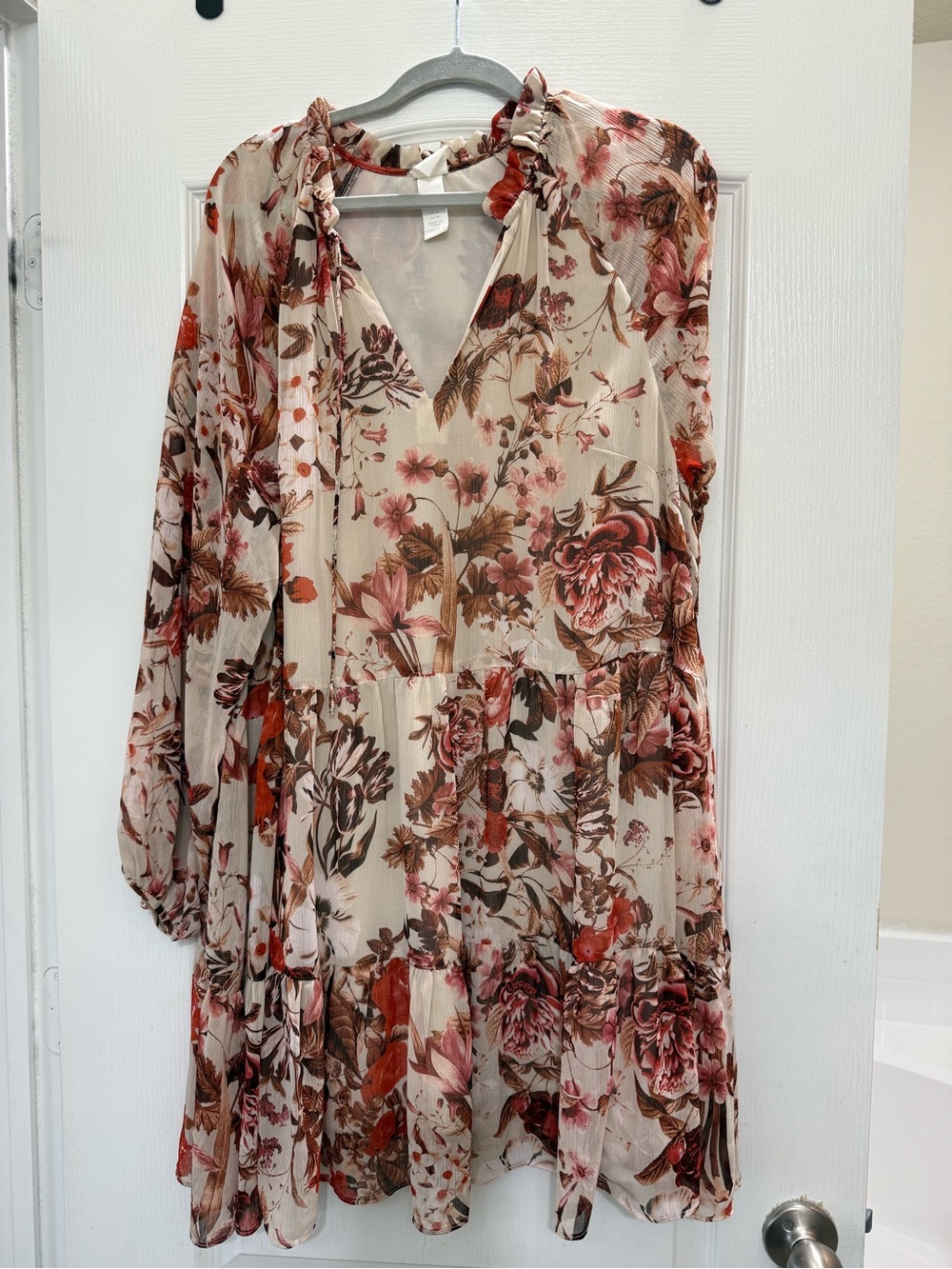 H&M Cream Floral Tiered Midi Dress with Pink & Brown Blooms